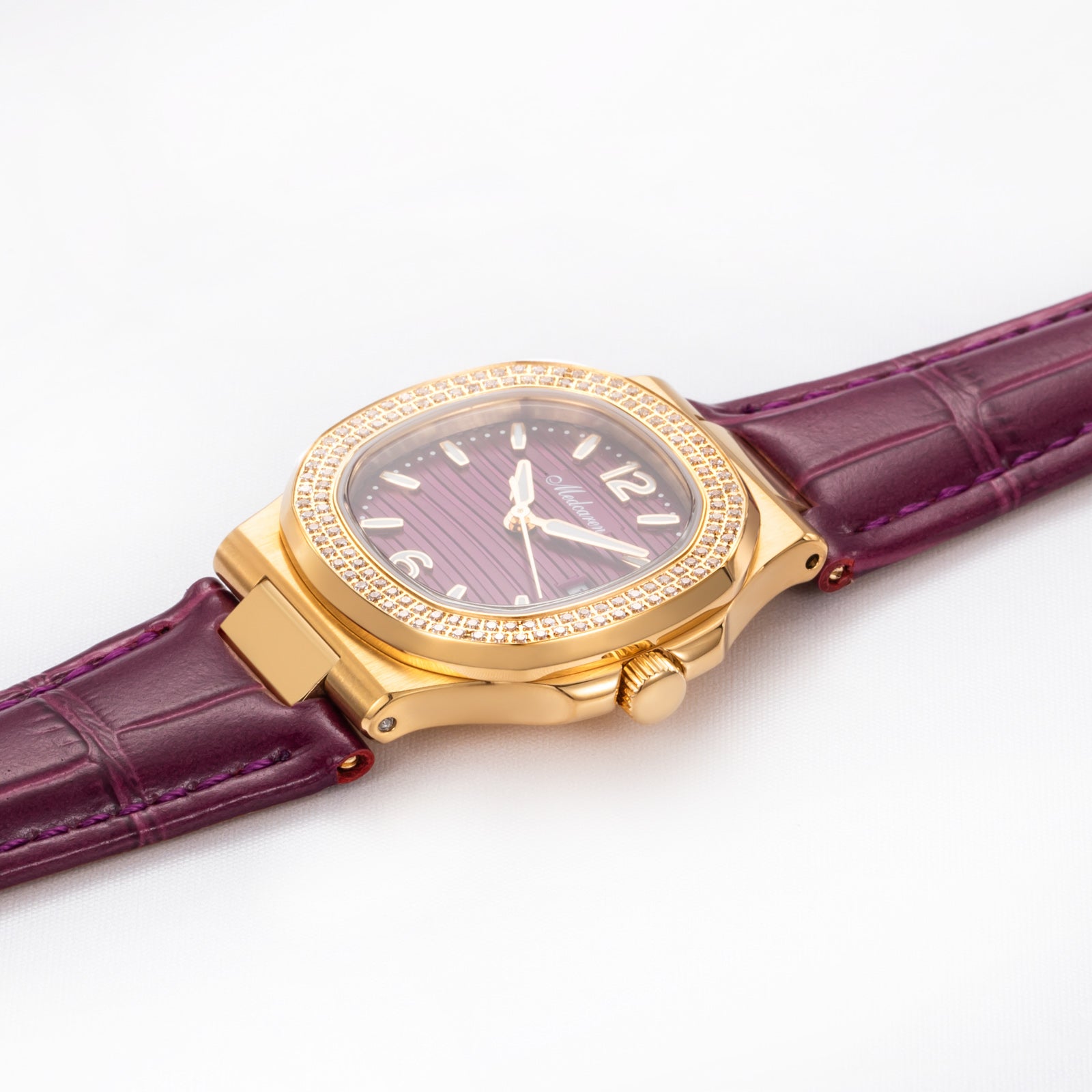 Elegant Women's 24K Gold Quartz Watch 30.5mm Purple Leather Strap Calendar Waterproof Business Daily Wear