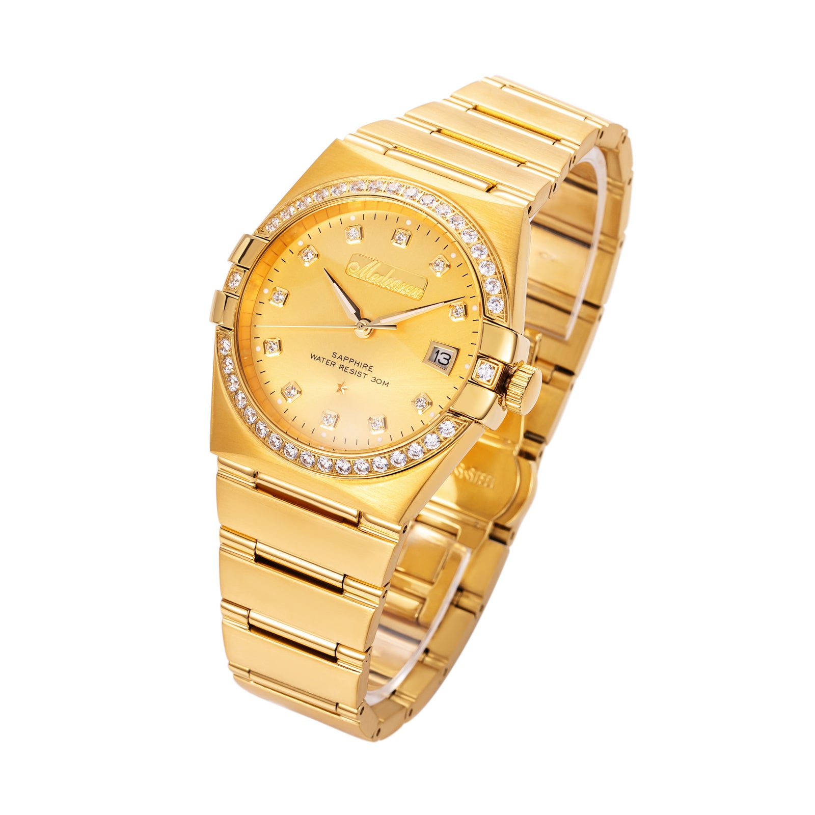 Luxury Men's Watches 38mm 24K Gold Quartz Watch Waterproof Stainless Steel Strap Calendar Chronograph Men Wristwatch Gifts