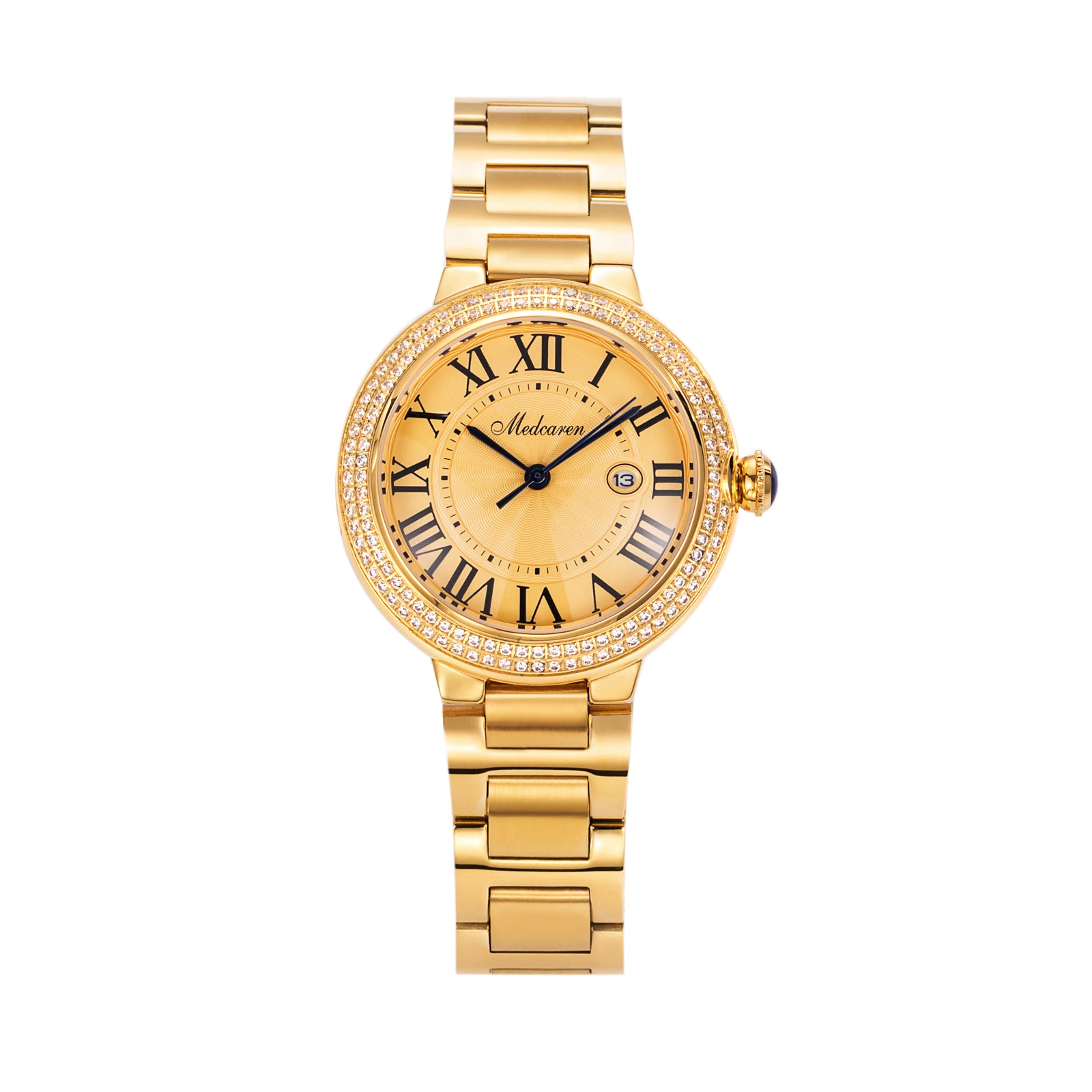 Stylish 30.5mm Women's Quartz Wristwatch 24K Gold Chronograph Dual Calendar Watch Stainless Steel Strap Ladies Watch Waterproof