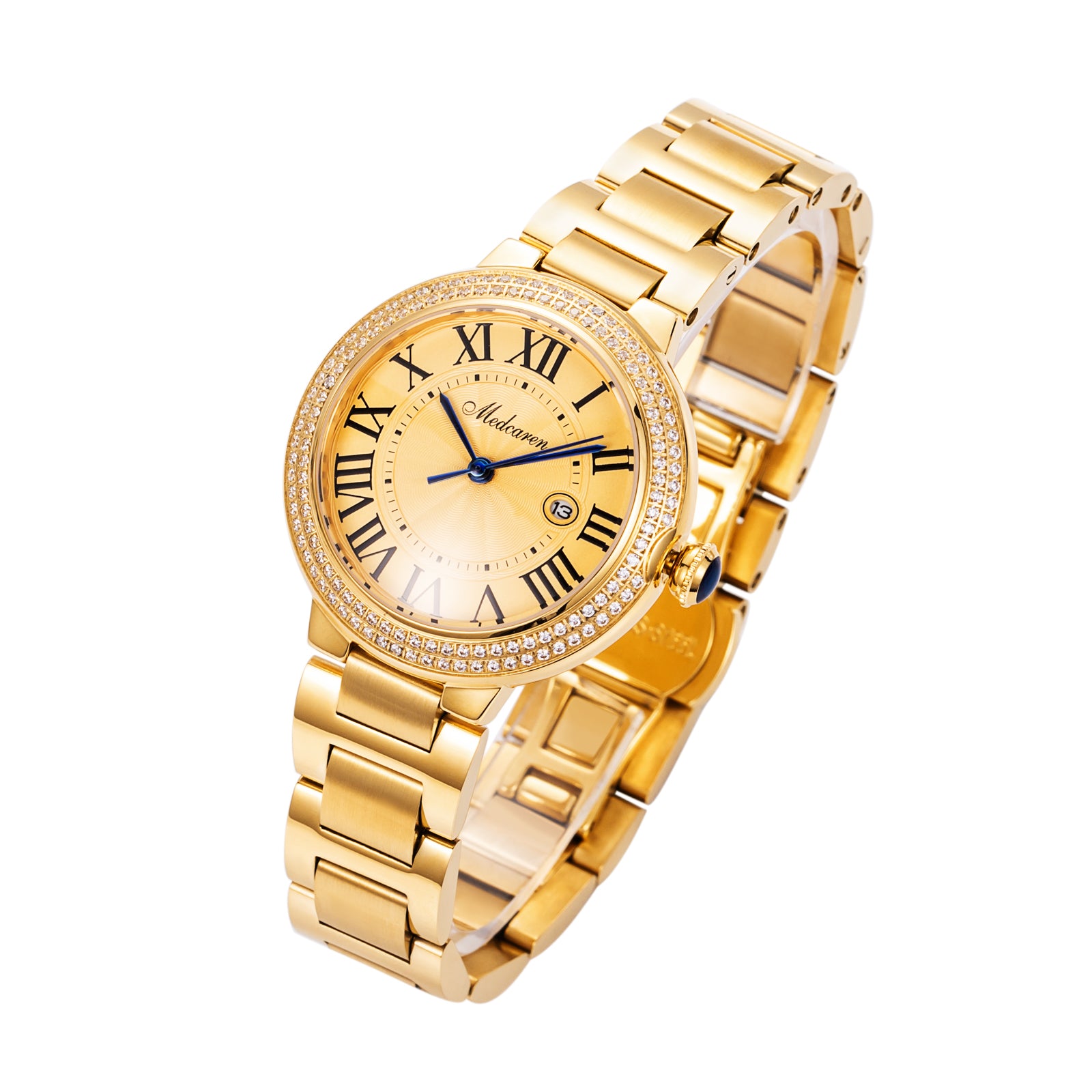 Stylish 30.5mm Women's Quartz Wristwatch 24K Gold Chronograph Dual Calendar Watch Stainless Steel Strap Ladies Watch Waterproof