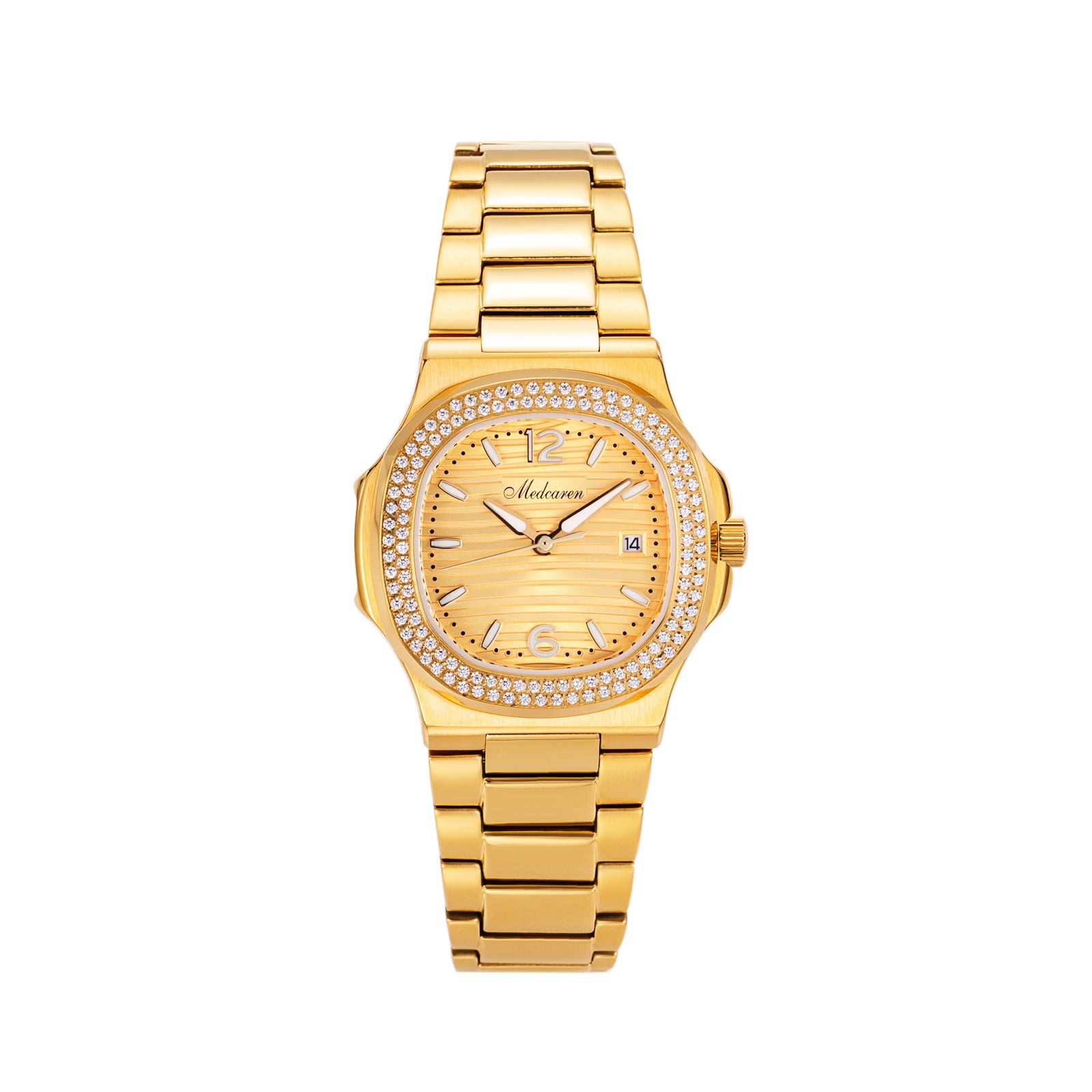 Stylish 30.5mm Women's Quartz Wristwatch 24K Gold Chronograph Dual Calendar Watch Stainless Steel Strap Ladies Watch Waterproof