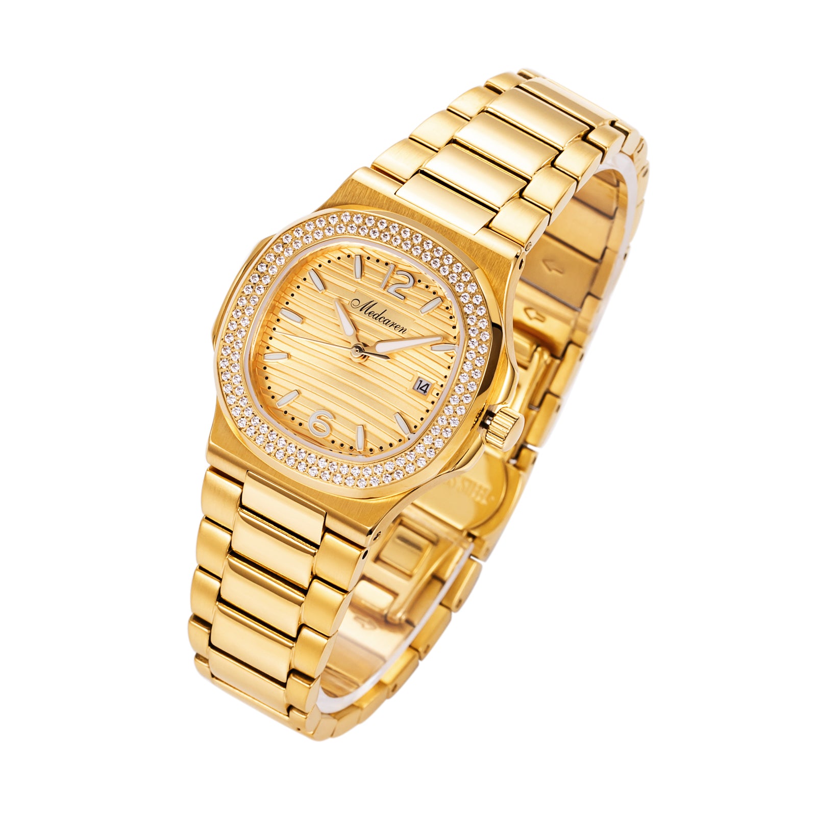 Stylish 30.5mm Women's Quartz Wristwatch 24K Gold Chronograph Dual Calendar Watch Stainless Steel Strap Ladies Watch Waterproof