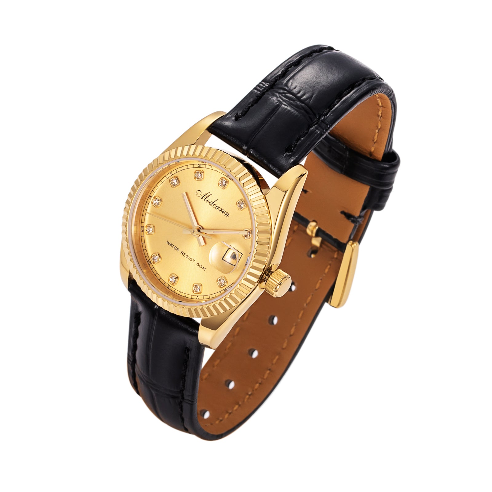 New Luxury Women' s Quartz Wristwatches 30.5mm 24K Gold Fashion Ladies Calendar Watch Premium Leather Strap Waterproof