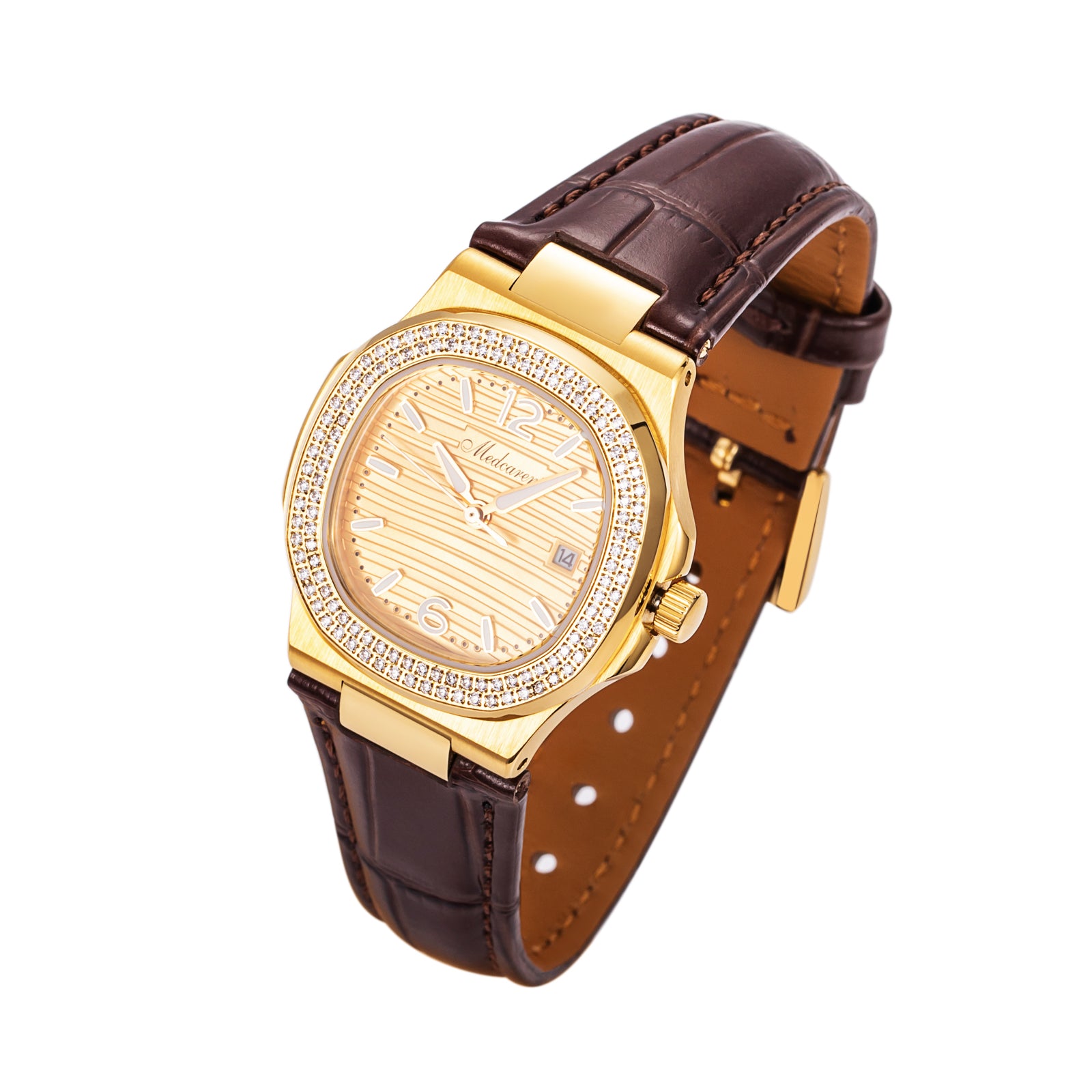 New Luxury Women' s Quartz Wristwatches 30.5mm 24K Gold Plated Fashion Ladies Calendar Watch Premium Leather Strap Waterproof