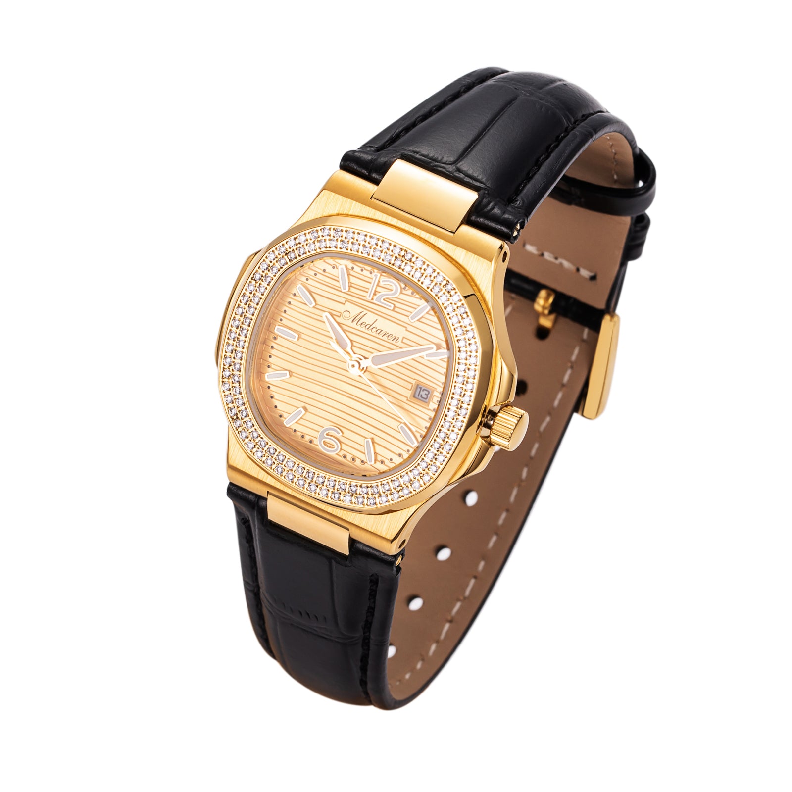New Luxury Women' s Quartz Wristwatches 30.5mm 24K Gold Plated Fashion Ladies Calendar Watch Premium Leather Strap Waterproof
