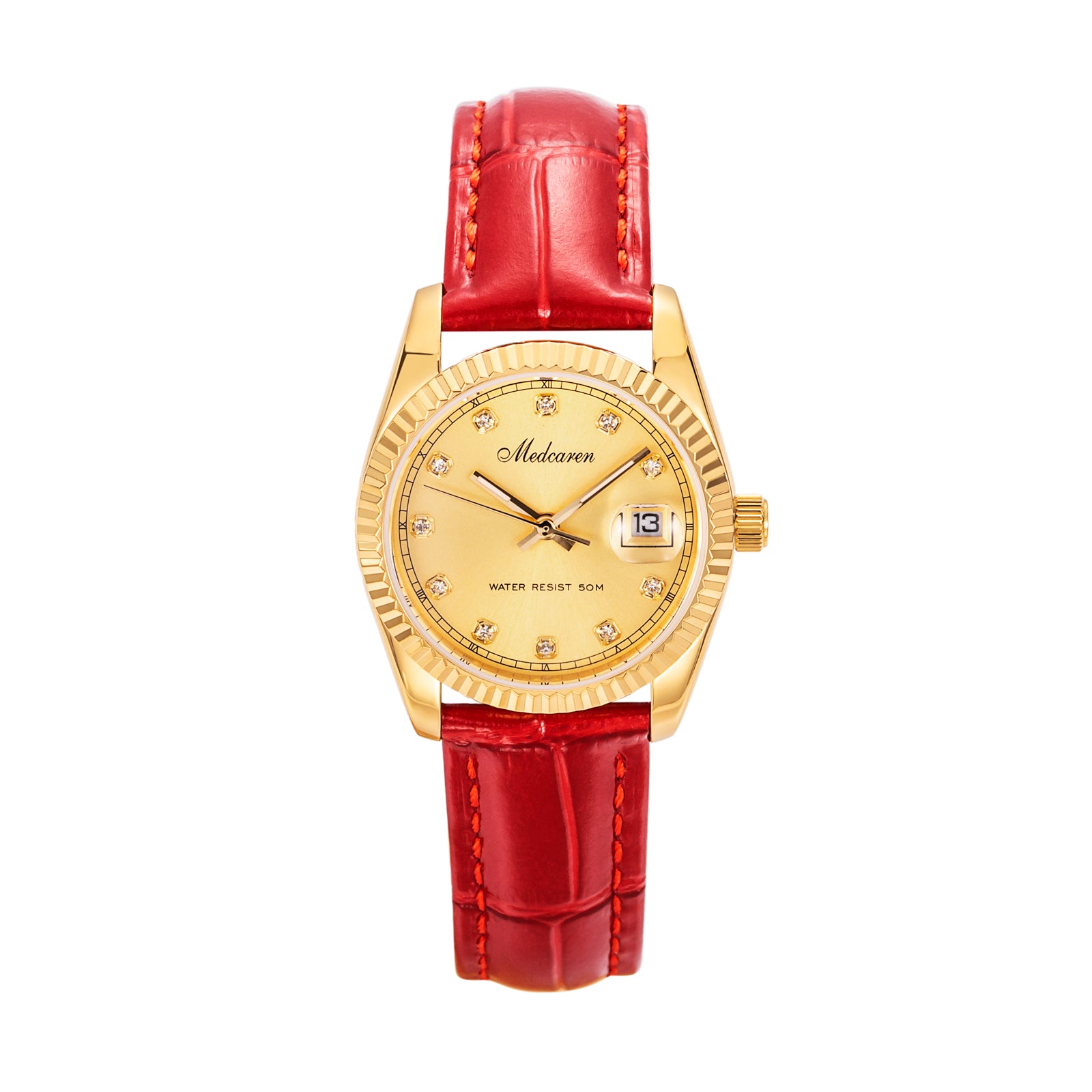 New Luxury Women' s Quartz Wristwatches 30.5mm 24K Gold Fashion Ladies Calendar Watch Premium Leather Strap Waterproof