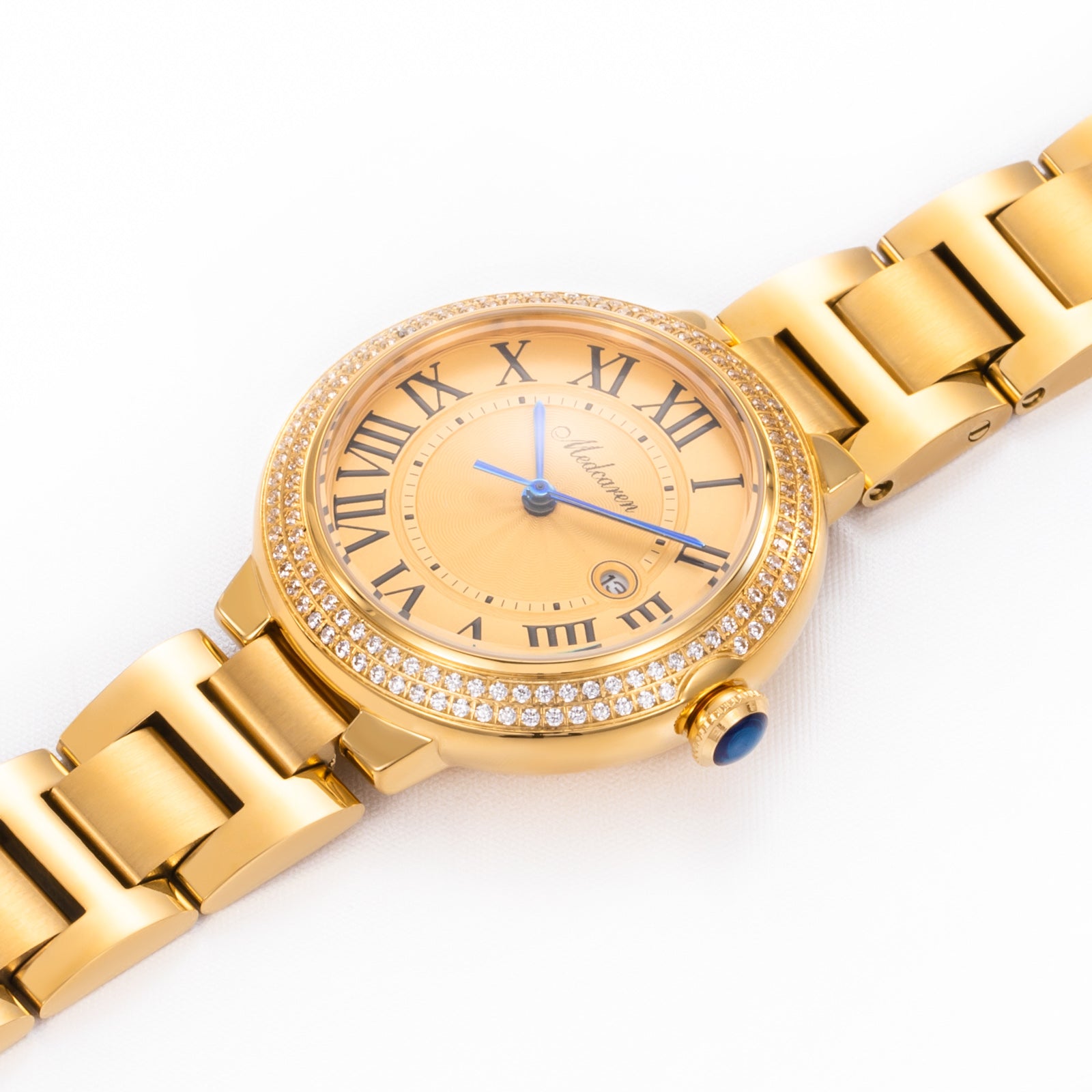Stylish 30.5mm Women's Quartz Wristwatch 24K Gold Chronograph Dual Calendar Watch Stainless Steel Strap Ladies Watch Waterproof