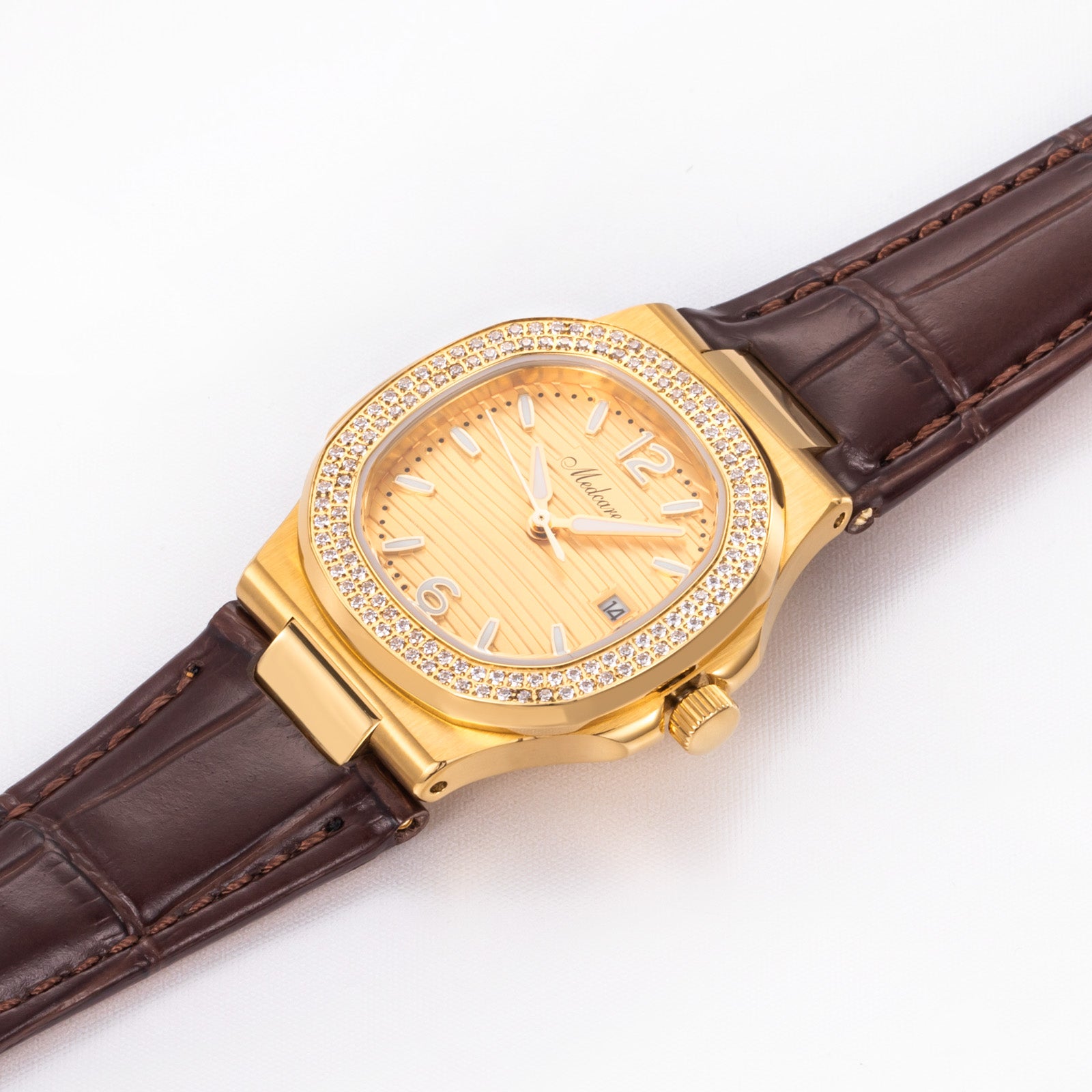 New Luxury Women' s Quartz Wristwatches 30.5mm 24K Gold Plated Fashion Ladies Calendar Watch Premium Leather Strap Waterproof