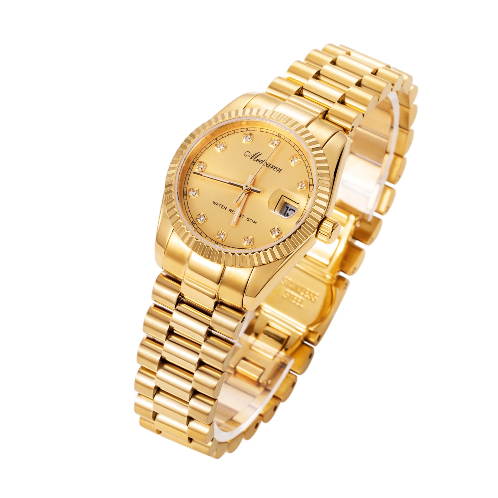 Fashion 30mm Women's Quartz Watch 24K Gold Chronograph with Dual Calendar Stainless Steel Strap Waterproof Gifts for Wife