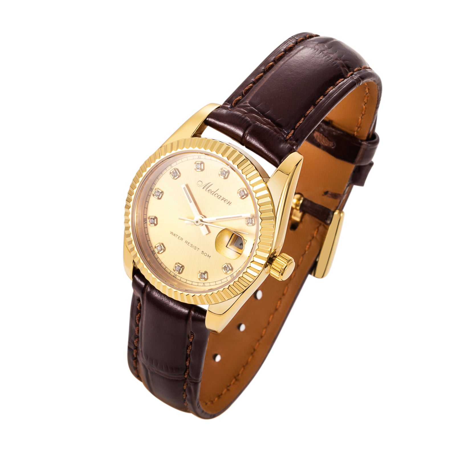 New Luxury Women' s Quartz Wristwatches 30.5mm 24K Gold Fashion Ladies Calendar Watch Premium Leather Strap Waterproof