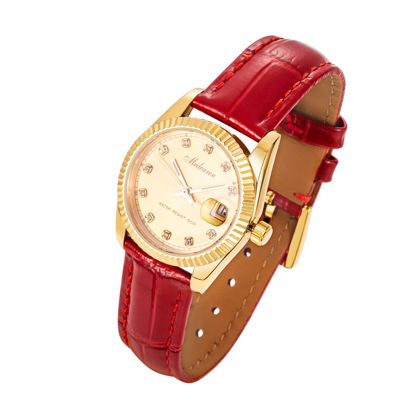New Luxury Women' s Quartz Wristwatches 30.5mm 24K Gold Fashion Ladies Calendar Watch Premium Leather Strap Waterproof