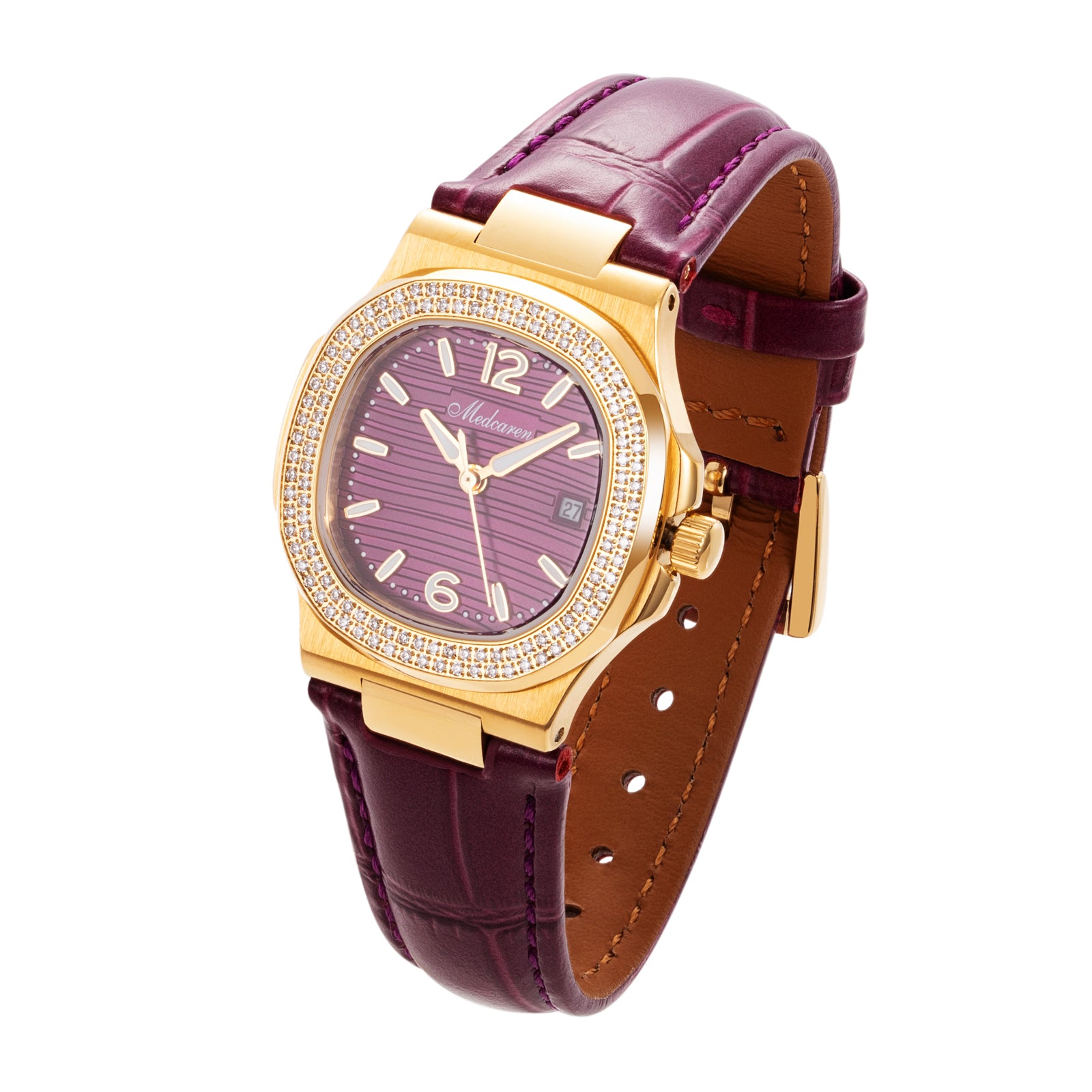 Elegant Women's 24K Gold Quartz Watch 30.5mm Purple Leather Strap Calendar Waterproof Business Daily Wear