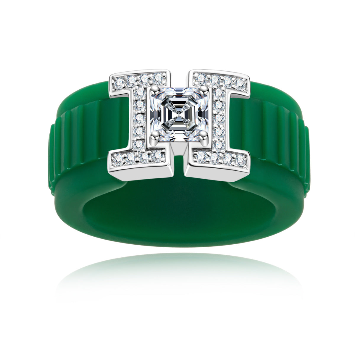 Emerald Moissanite Green Silicone 925 Sterling Silver Ring