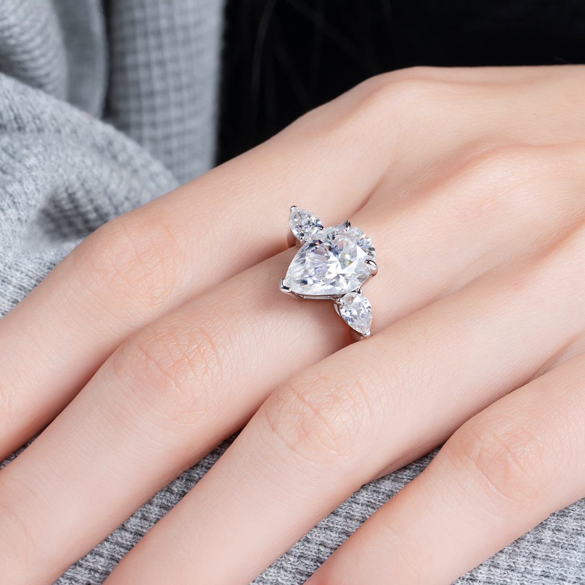 S925‑Silver Moissanite Pear‑Shape Three‑Stone Ring