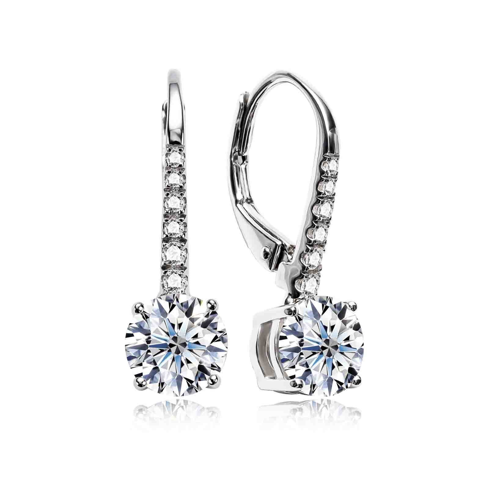 AnuClub 6.5mm Moissanite Drop Earrings,Total 2.1ct D Color Round Cut Sterling Silver Dangle Earrings for Women With Certificate