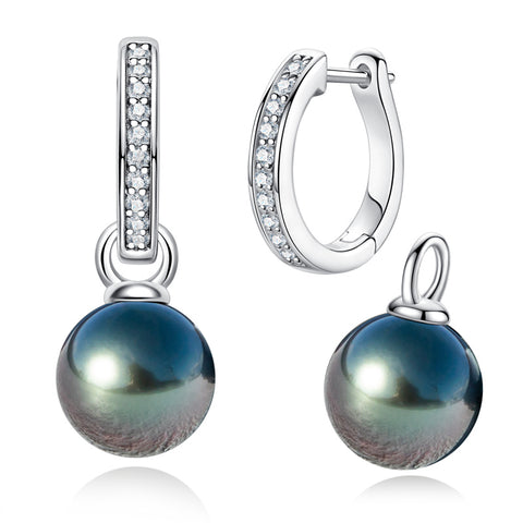 AnuClub 10-11mm Natural Tahitian Black Pearl Sterling Silver Moissanite Hoop Pearl Earrings