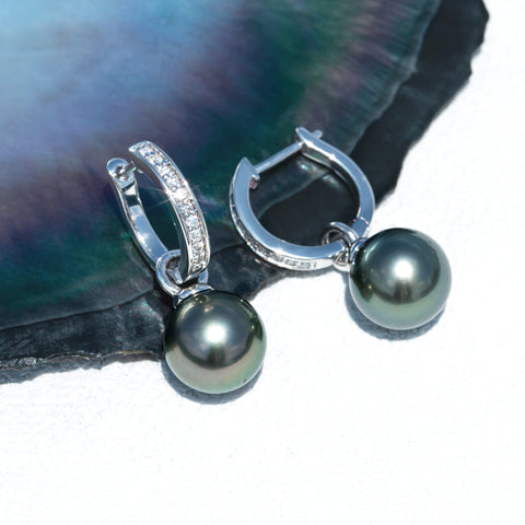 AnuClub 10-11mm Natural Tahitian Black Pearl Sterling Silver Moissanite Hoop Pearl Earrings