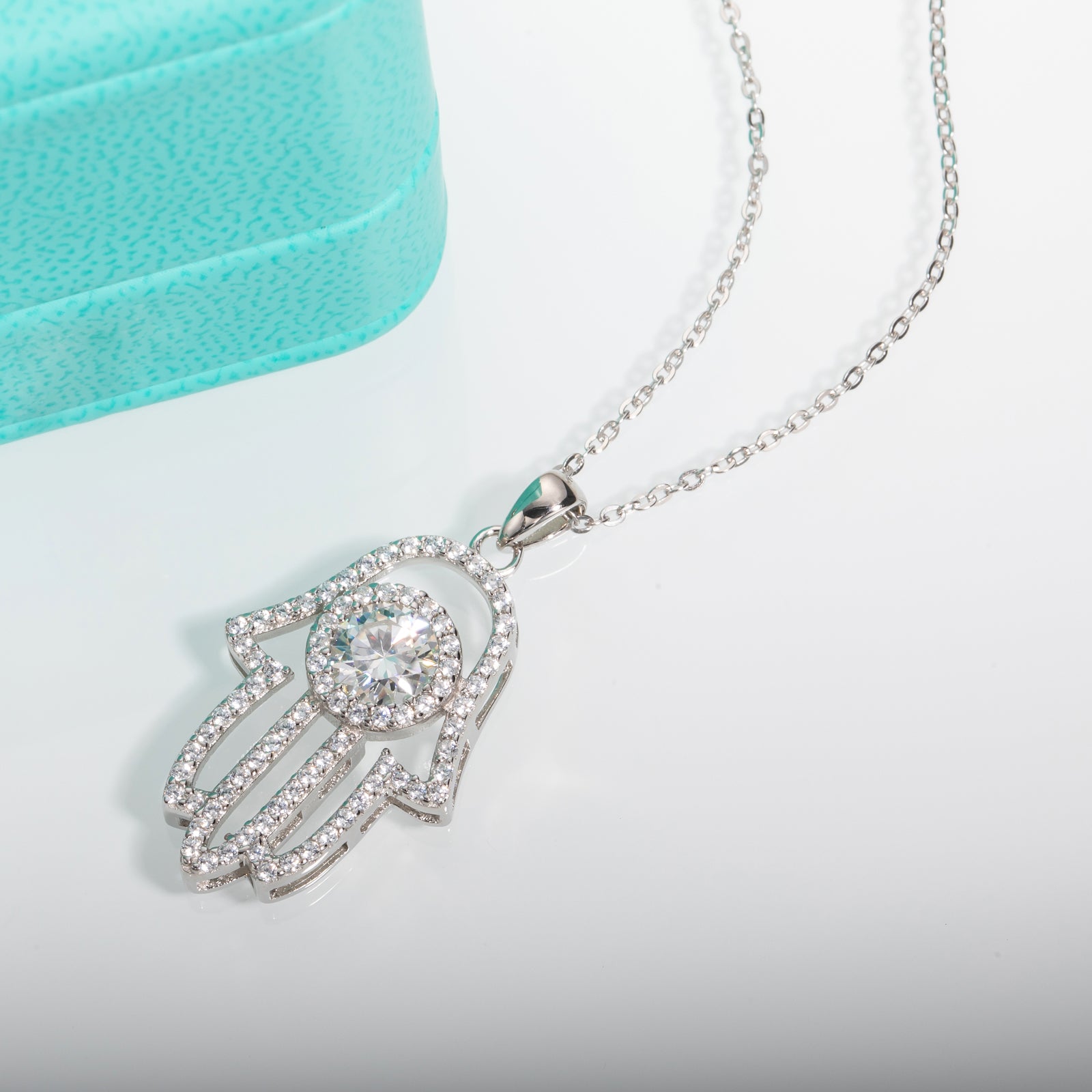 Moissanite Hamsa Hand of Fatima Pendant Necklace