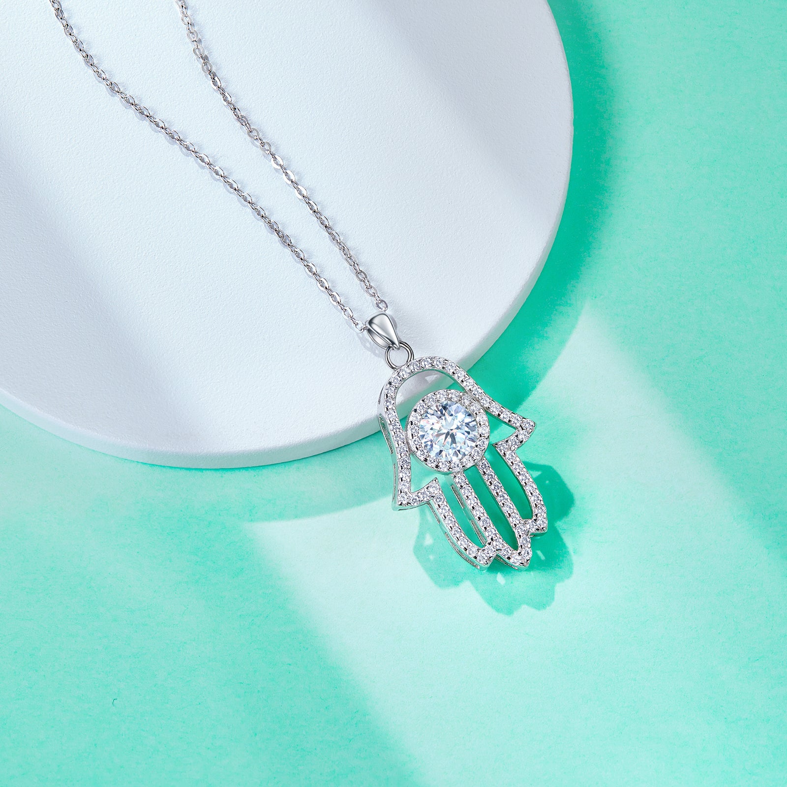 Moissanite Hamsa Hand of Fatima Pendant Necklace