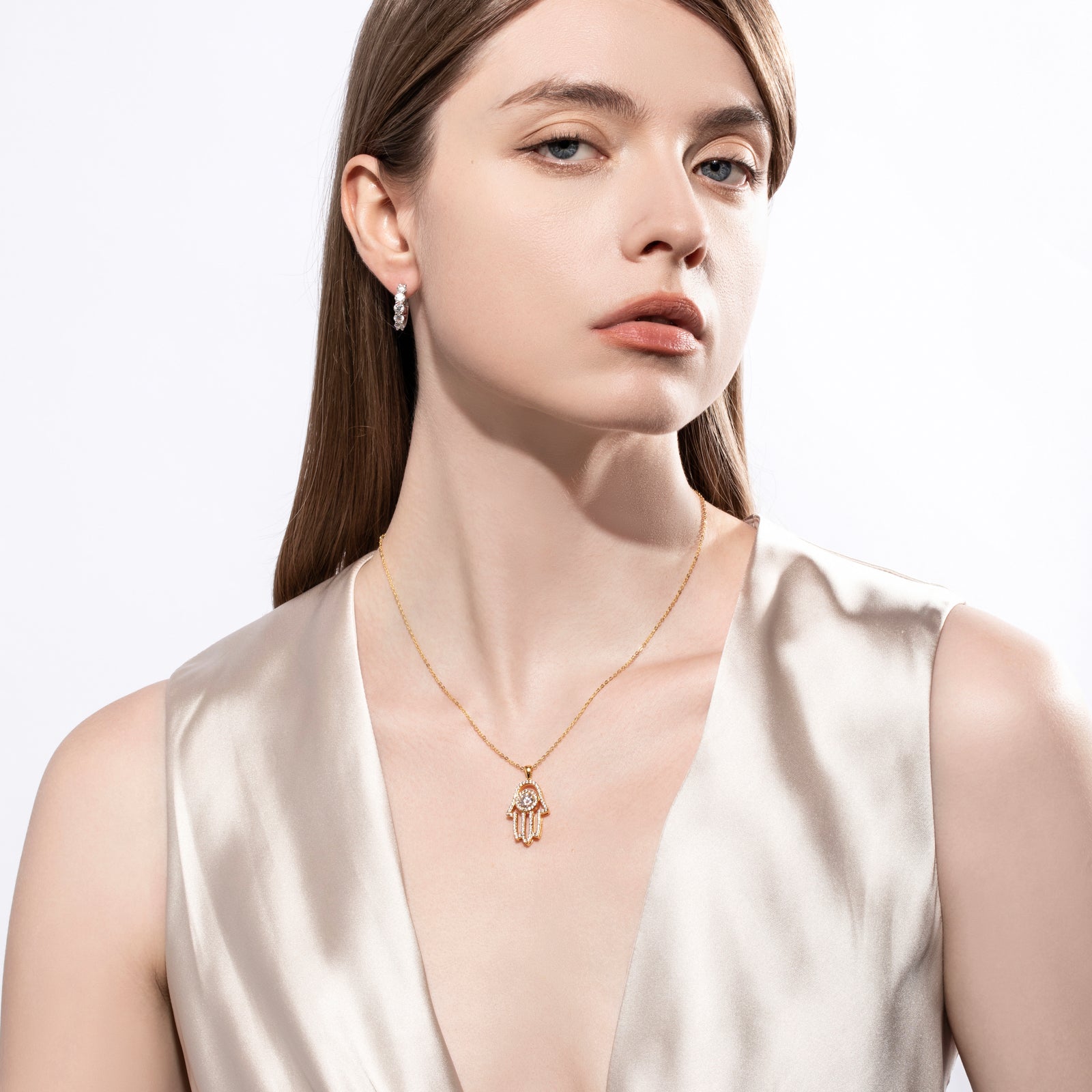 Moissanite Hamsa Hand of Fatima Pendant Necklace