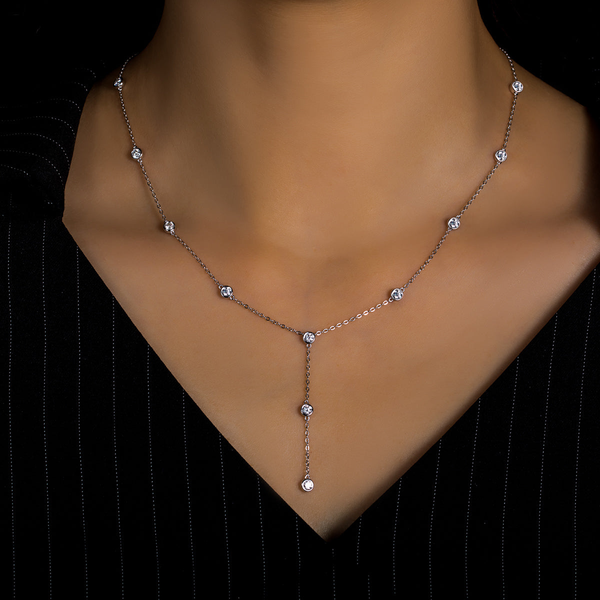 S925 Sterling Silver Bezel-Set Moissanite Necklace with O-Chain