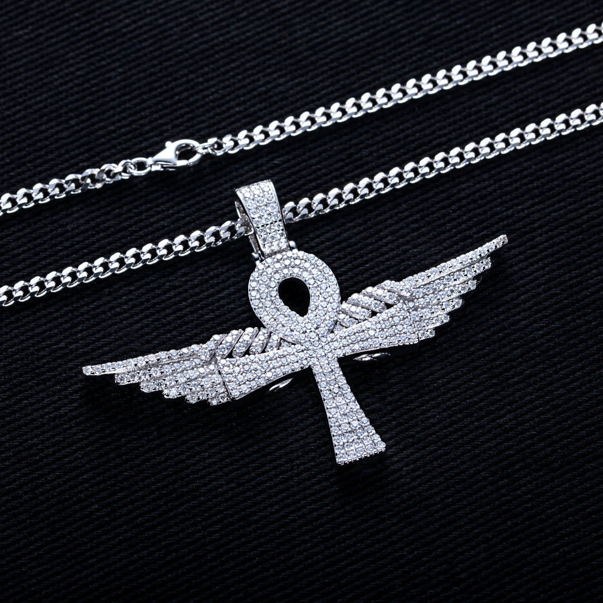S925 Silver Moissanite Hip-hop Ankh Angel Wing Pendant