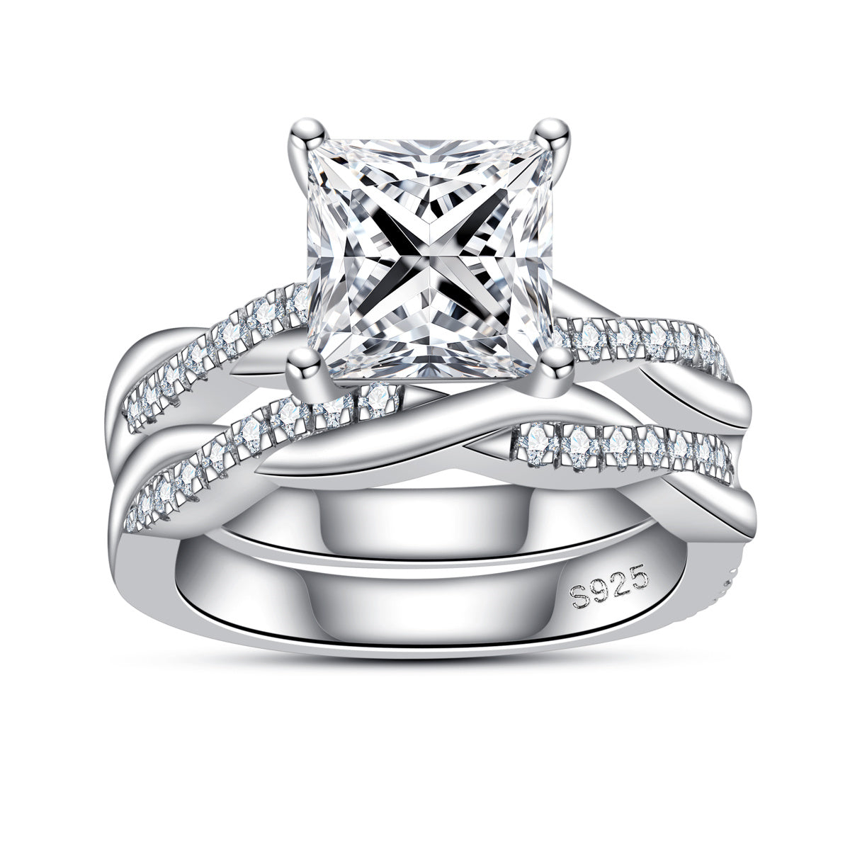 S925 Silver Moissanite 8×8mm Princess Cut Stackable Ring Set