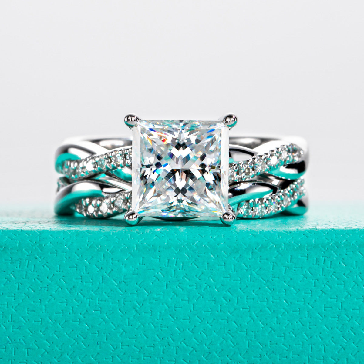 S925 Silver Moissanite 8×8mm Princess Cut Stackable Ring Set