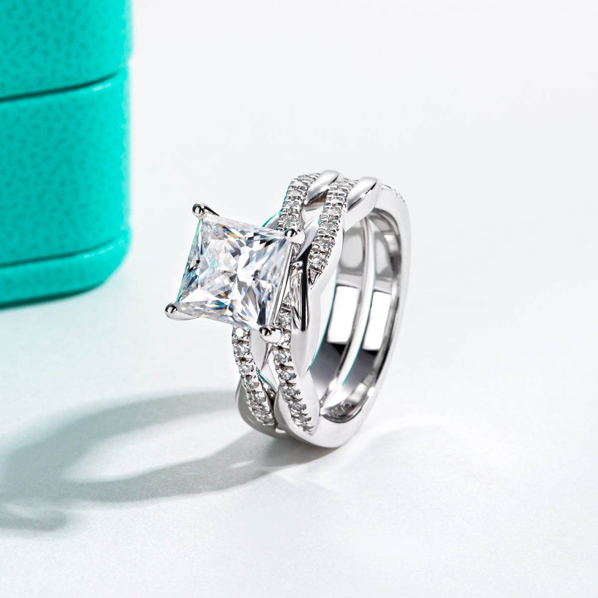 S925 Silver Moissanite 8×8mm Princess Cut Stackable Ring Set