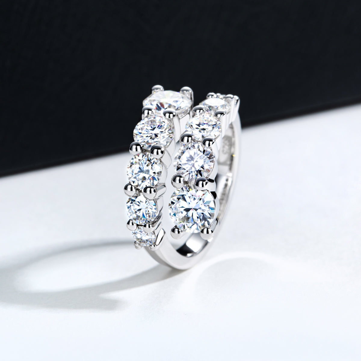 S925 Sterling Silver Double Layer Open Non-adjustable Band Moissanite Ring