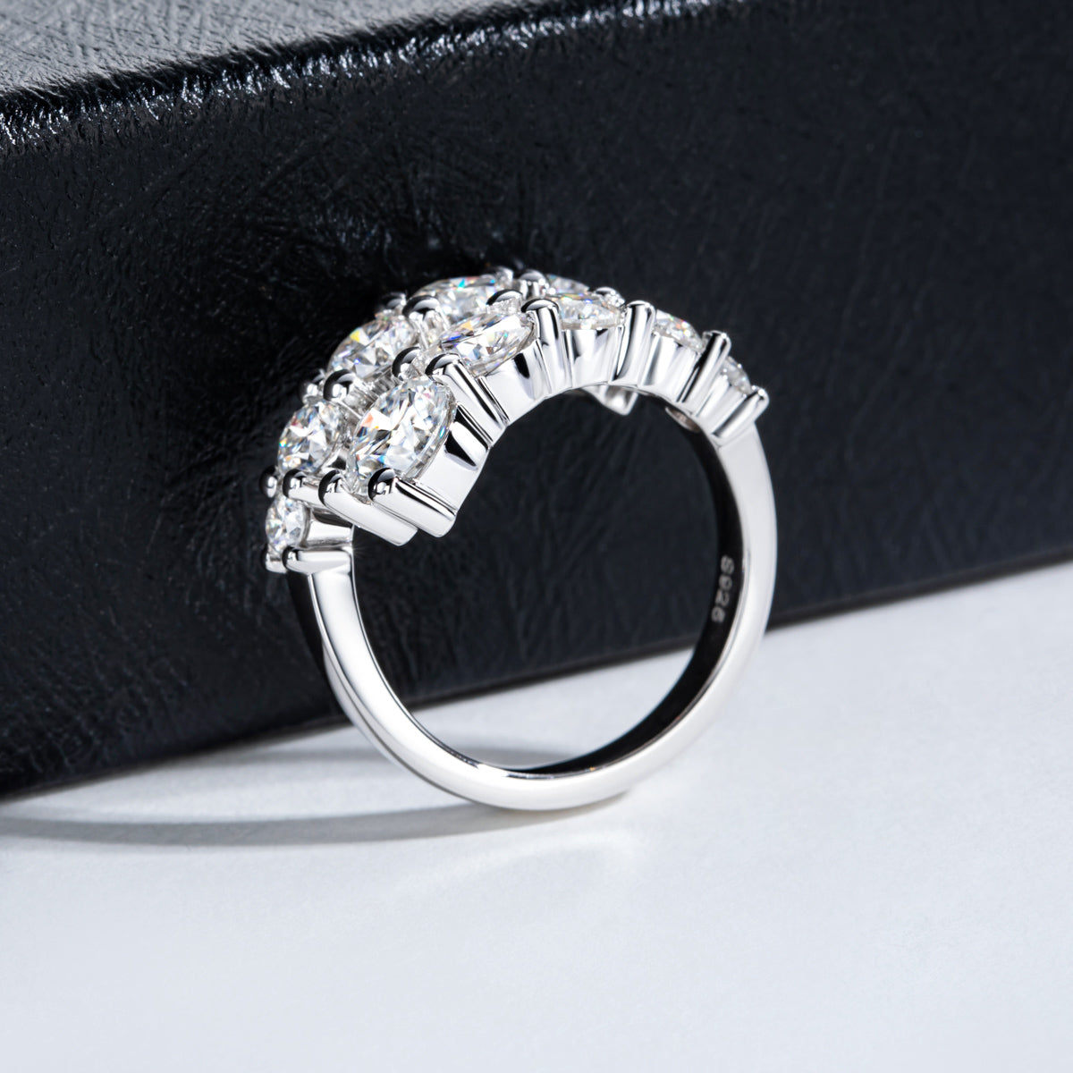 S925 Sterling Silver Double Layer Open Non-adjustable Band Moissanite Ring