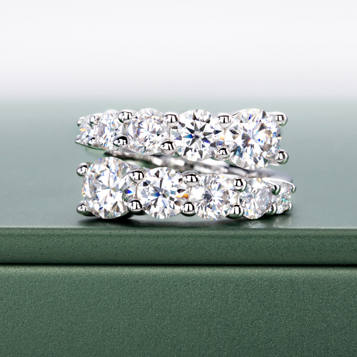 S925 Sterling Silver Double Layer Open Non-adjustable Band Moissanite Ring