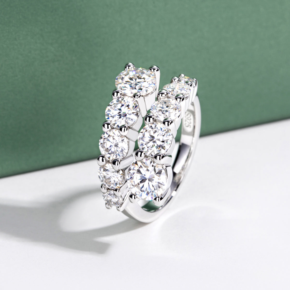 S925 Sterling Silver Double Layer Open Non-adjustable Band Moissanite Ring