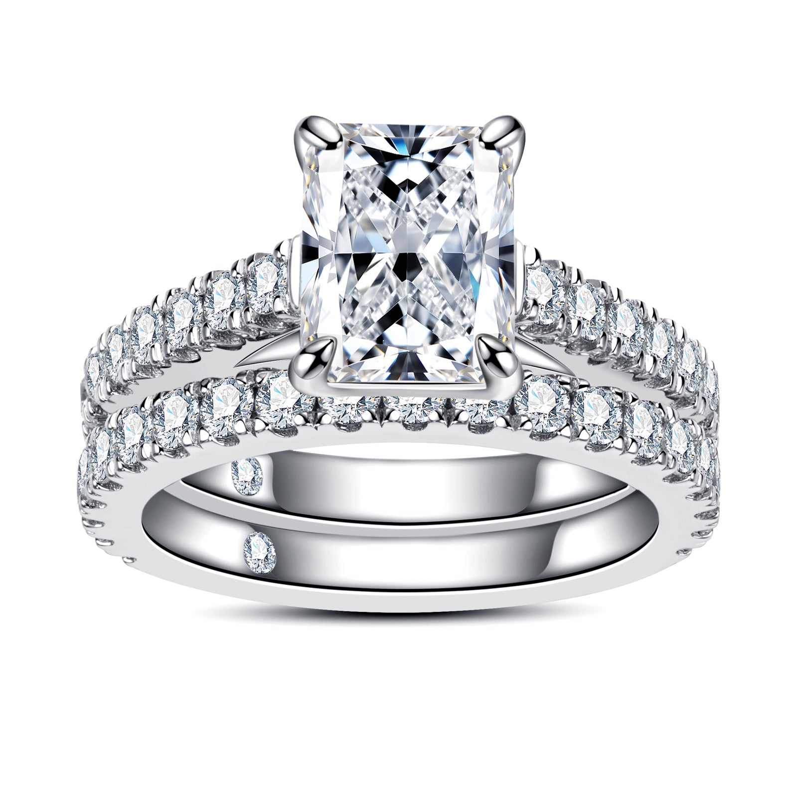 AnuClub Radiant Cut Moissanite Wedding Rings Sets 4.042cttw(3CT Center Stone) Bridal Set D Color VVS1 925 Sterling Silver Engagement Promise Anniversary Ring for Women With Certificate