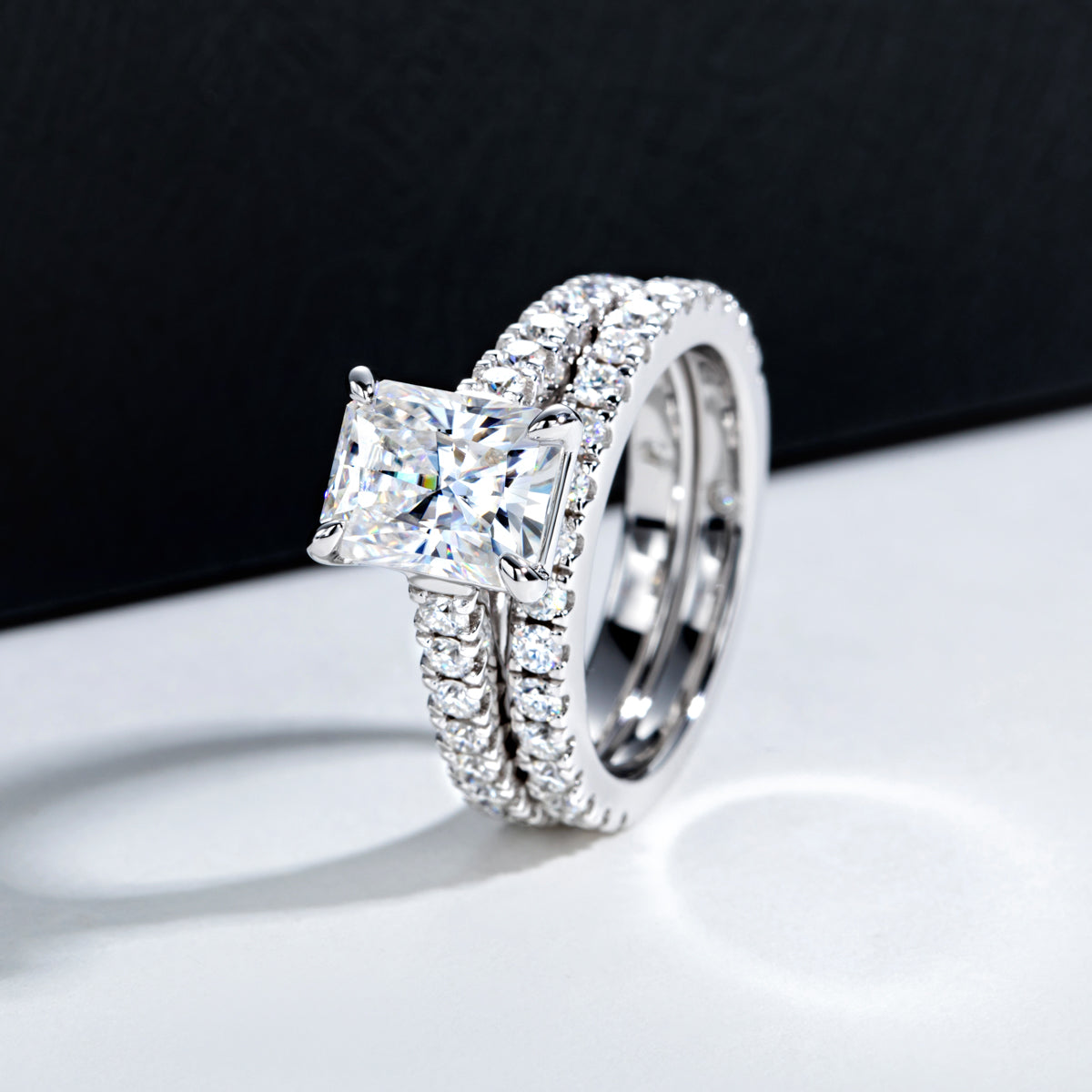 S925 Sterling Silver Radiant Cut Moissanite Ring Set
