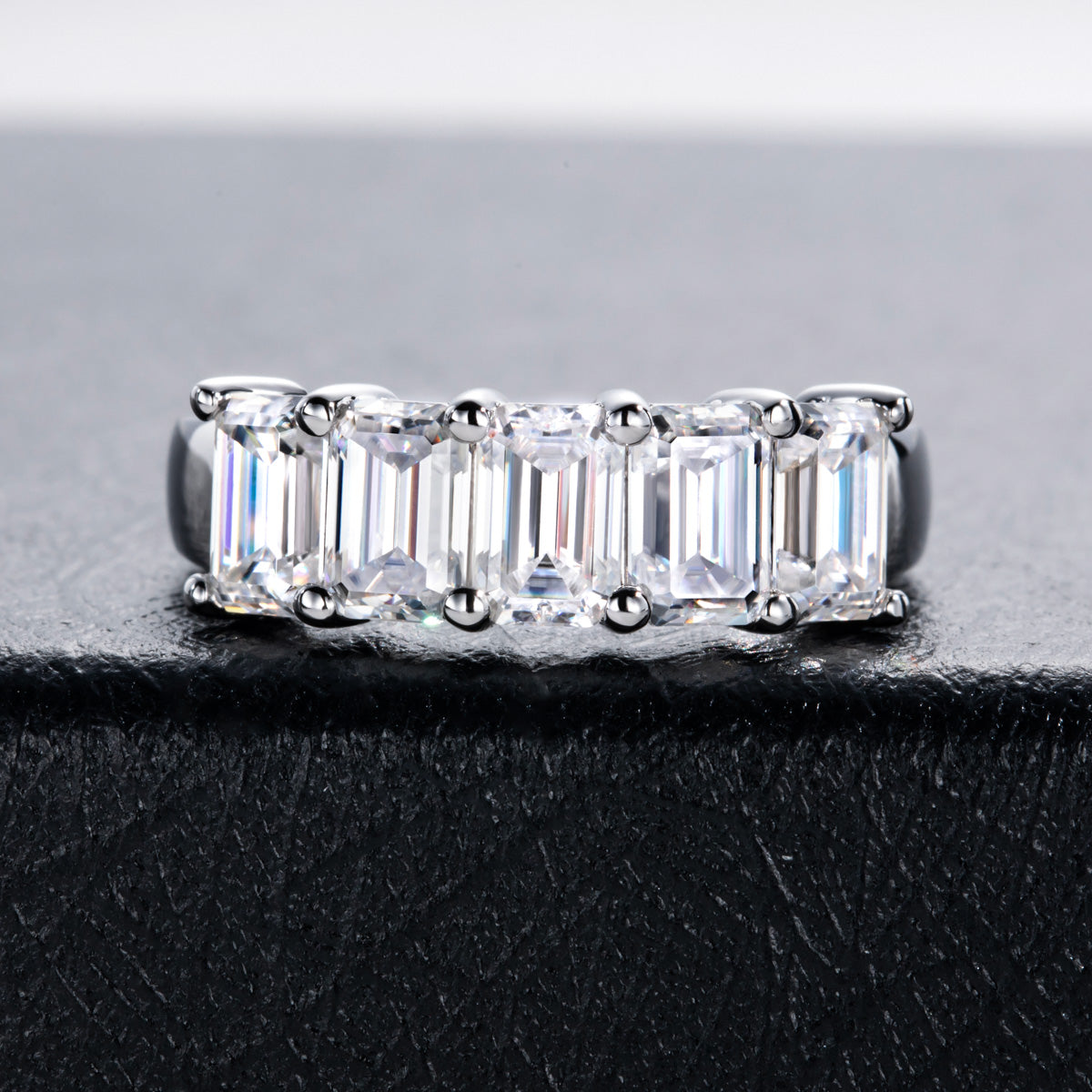 S925‑Silver Moissanite & Emerald Stack Band Ring
