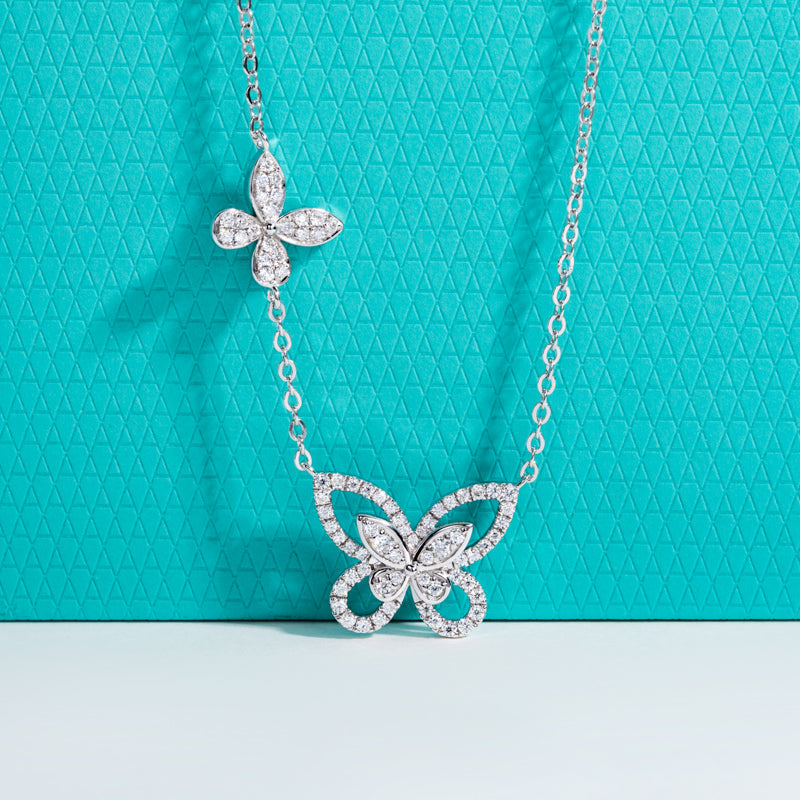 S925 Silver Full Moissanite Double-Layer Butterfly Clavicle Chain