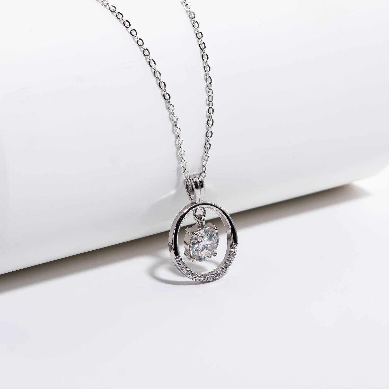Round Cut Moissanite Half Circle Pendant Necklace