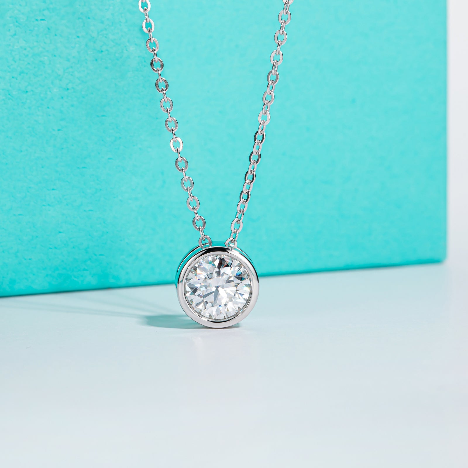AnuClub 5mm Moissanite Pendant Necklace For Women D Color VVS1 Bezel Set Round Cut Sterling Silver Necklace