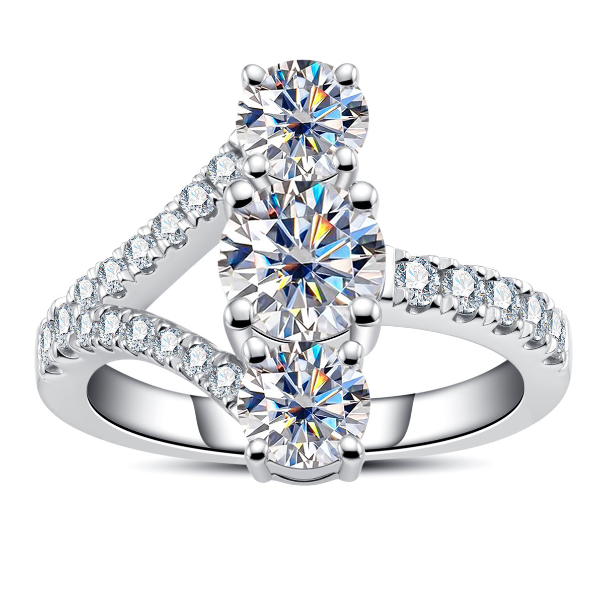 S925‑Silver Moissanite Y‑Shape Three‑Stone Starburst Ring