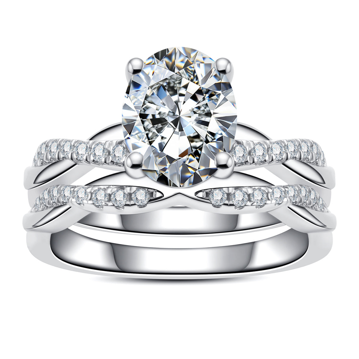 S925‑Silver Oval Moissanite Twisted Band Stackable Ring, 3.0 CT
