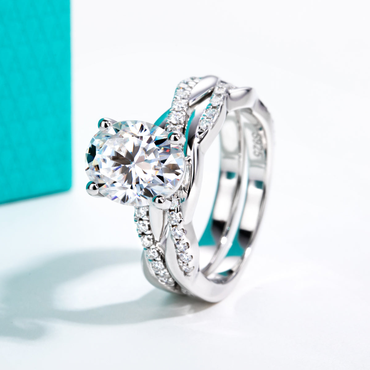 S925‑Silver Oval Moissanite Twisted Band Stackable Ring, 3.0 CT