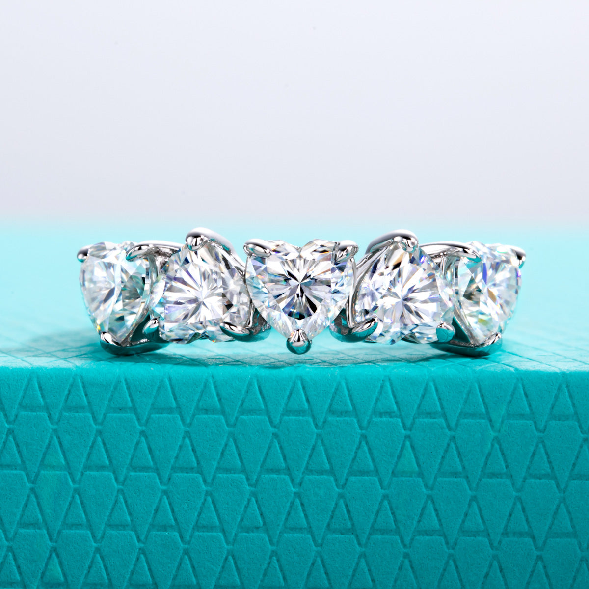 S925 Sterling Silver Five-Stone Heart Moissanite Ring