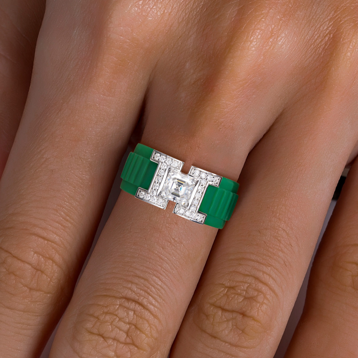 Emerald Moissanite Green Silicone 925 Sterling Silver Ring