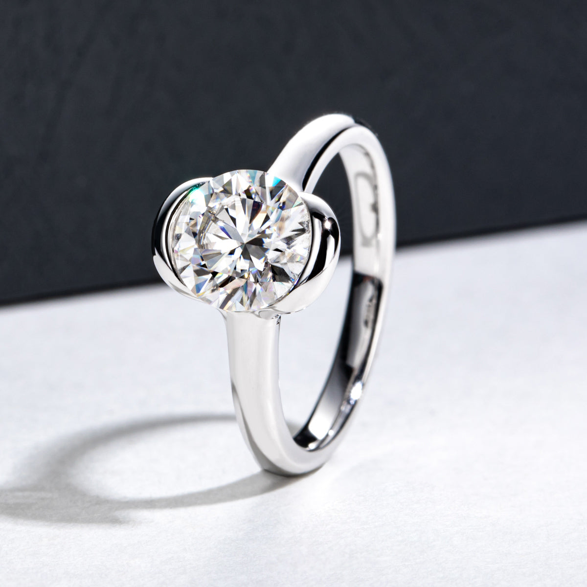 18K Gold Half-Bezel 2CT Moissanite Ring