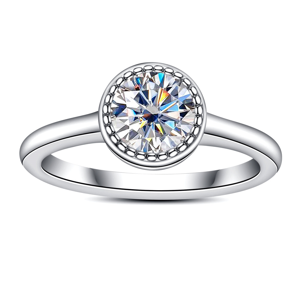 1CT Round Moissanite Ring, 6.5mm Stone, 18K Gold Bezel Setting