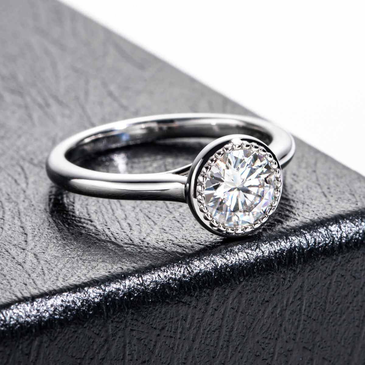 1CT Round Moissanite Ring, 6.5mm Stone, 18K Gold Bezel Setting