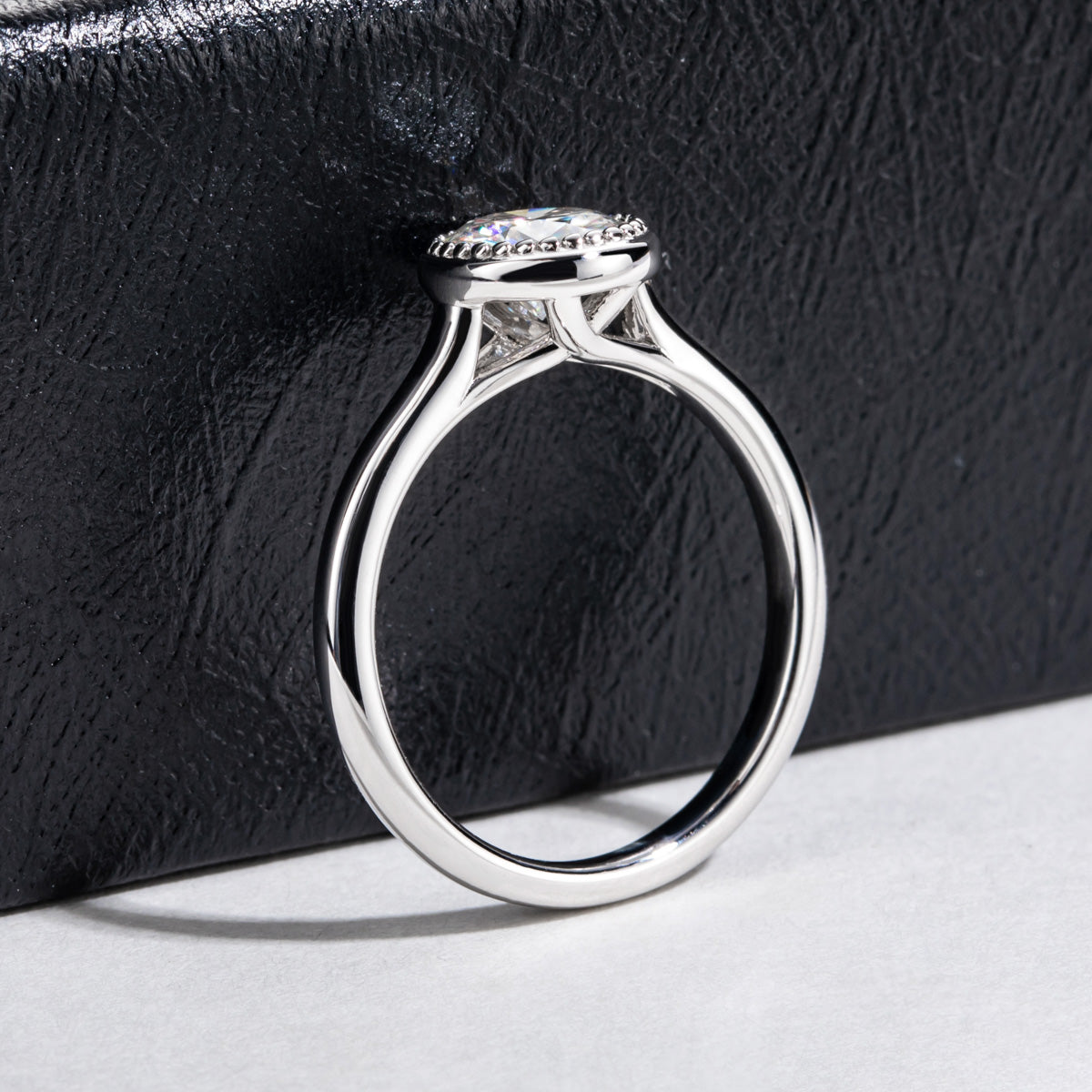 1CT Round Moissanite Ring, 6.5mm Stone, 18K Gold Bezel Setting