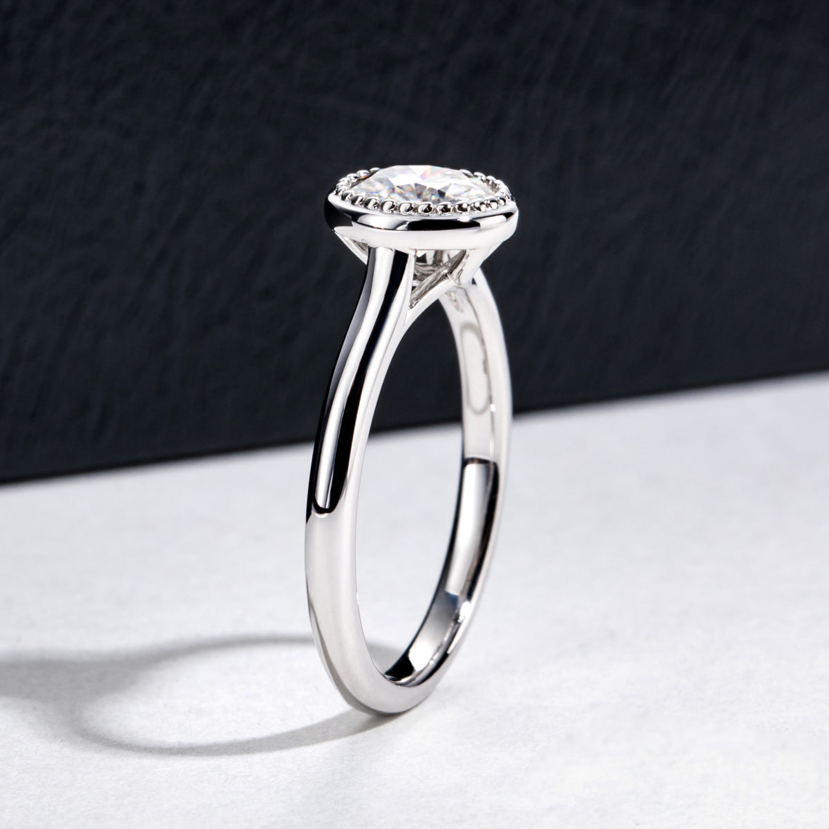 1CT Round Moissanite Ring, 6.5mm Stone, 18K Gold Bezel Setting