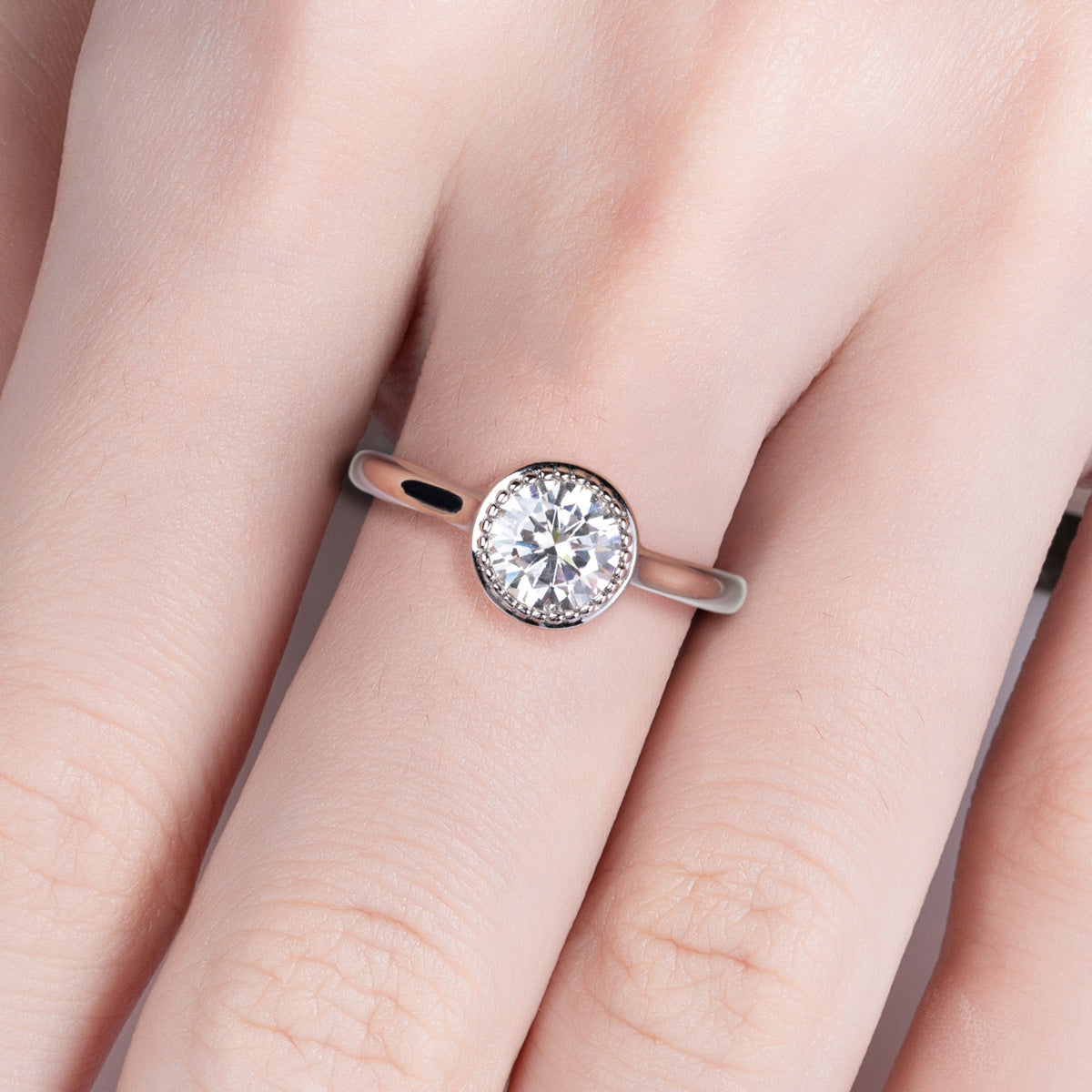 1CT Round Moissanite Ring, 6.5mm Stone, 18K Gold Bezel Setting